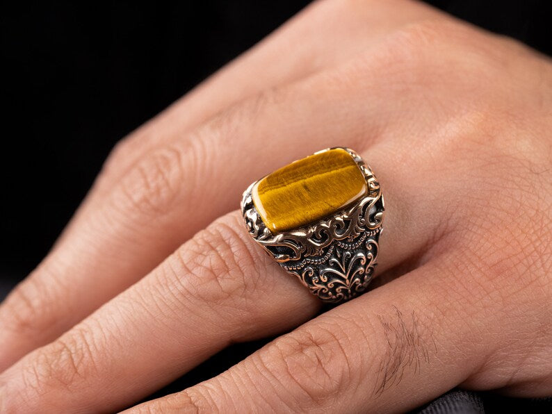 RARE PRINCE by CARAT SUTRA | Unique Designed Turkish Style Ring with Natural Tiger Eye | 925 Sterling Silver Oxidized Ring | Men's Jewelry | With Certificate of Authenticity and 925 Hallmark