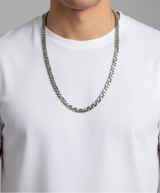 RARE PRINCE by CARAT SUTRA | 10mm Wide Oxidised Solid Miami Cuban Link Chain Studded With Black Zirconia Stone | 925 Sterling Silver Chain | Men's Jewelry | With Certificate of Authenticity and 925 Hallmark