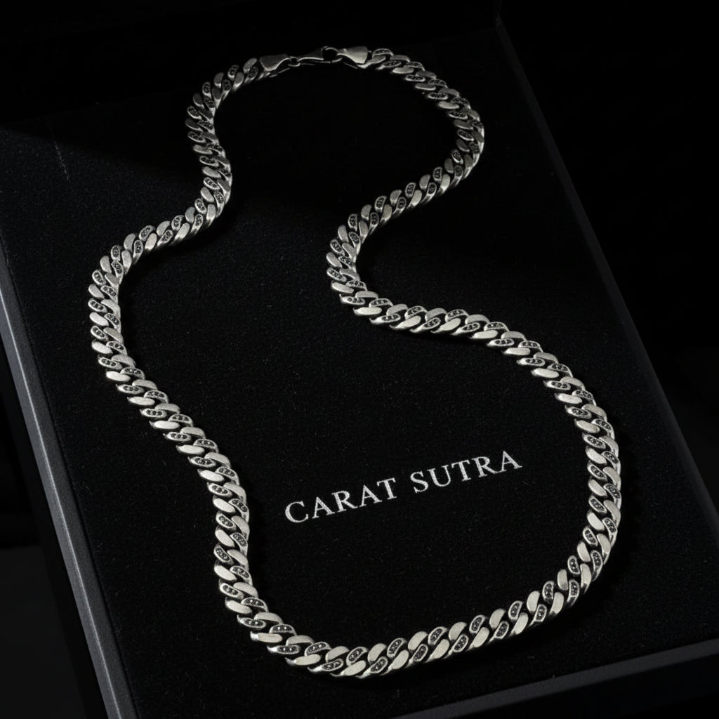 RARE PRINCE by CARAT SUTRA | 10mm Wide Oxidised Solid Miami Cuban Link Chain Studded With Black Zirconia Stone | 925 Sterling Silver Chain | Men's Jewelry | With Certificate of Authenticity and 925 Hallmark