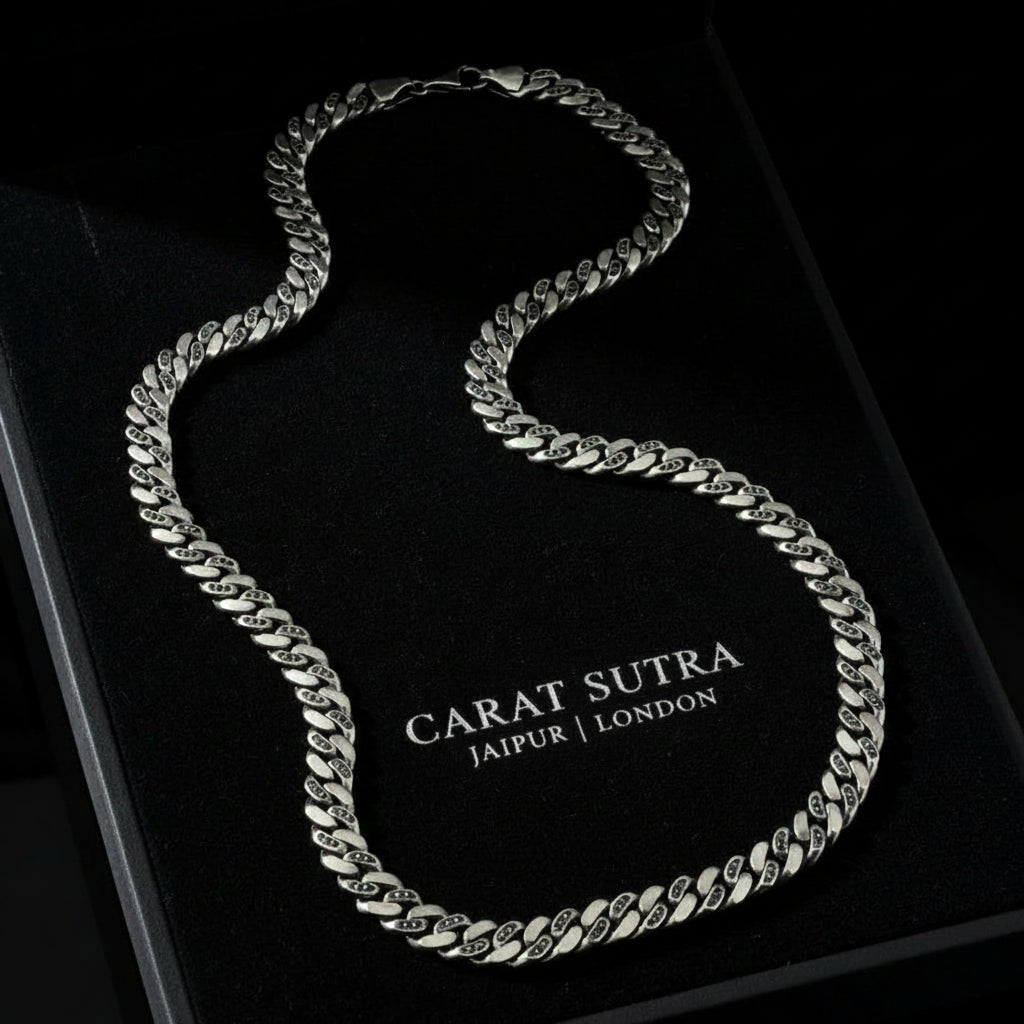 RARE PRINCE by CARAT SUTRA | 10mm Wide Oxidised Solid Miami Cuban Link Chain Studded With Black Zirconia Stone | 925 Sterling Silver Chain | Men's Jewelry | With Certificate of Authenticity and 925 Hallmark