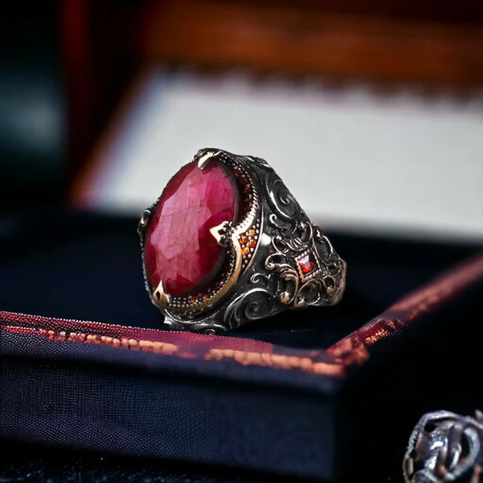 RARE PRINCE by CARAT SUTRA | Unique Designed Turkish Style Heavy Ring with Natural Red Ruby | 22kt Gold Micron Plated 925 Sterling Silver Oxidized Ring | Men's Jewelry | With Certificate of Authenticity and 925 Hallmark