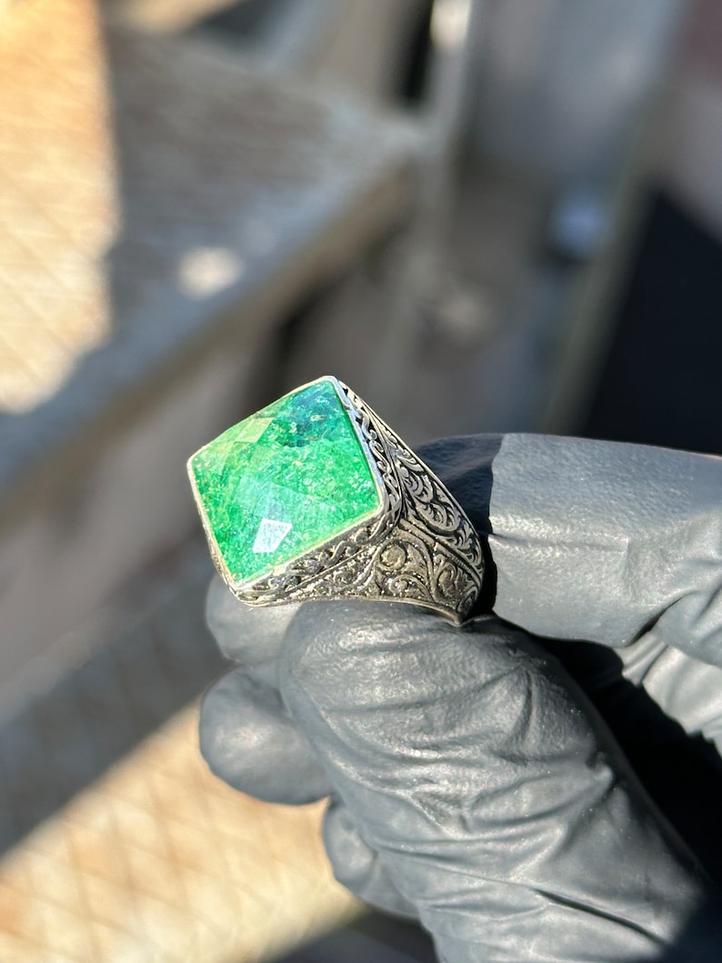 Tilted Square Designed Turkish Style Ring with Natural Emerald | 925 Sterling Silver Oxidized Ring | With Certificate of Authenticity and 925 Hallmark