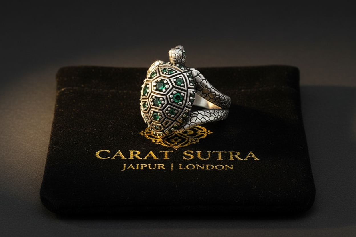 RARE PRINCE by CARAT SUTRA | Antique Designed Turtle Ring With Green Emerlad stone | 925 Sterling Silver Oxidized Ring | Men's Jewelry | With Certificate of Authenticity and 925 Hallmark