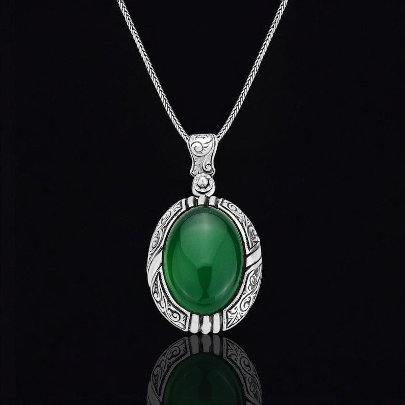 15ct Natural Green Onyx (Aqeeq), 925 Sterling Silver Pendant | With Certificate of Authenticity and 925 Hallmark