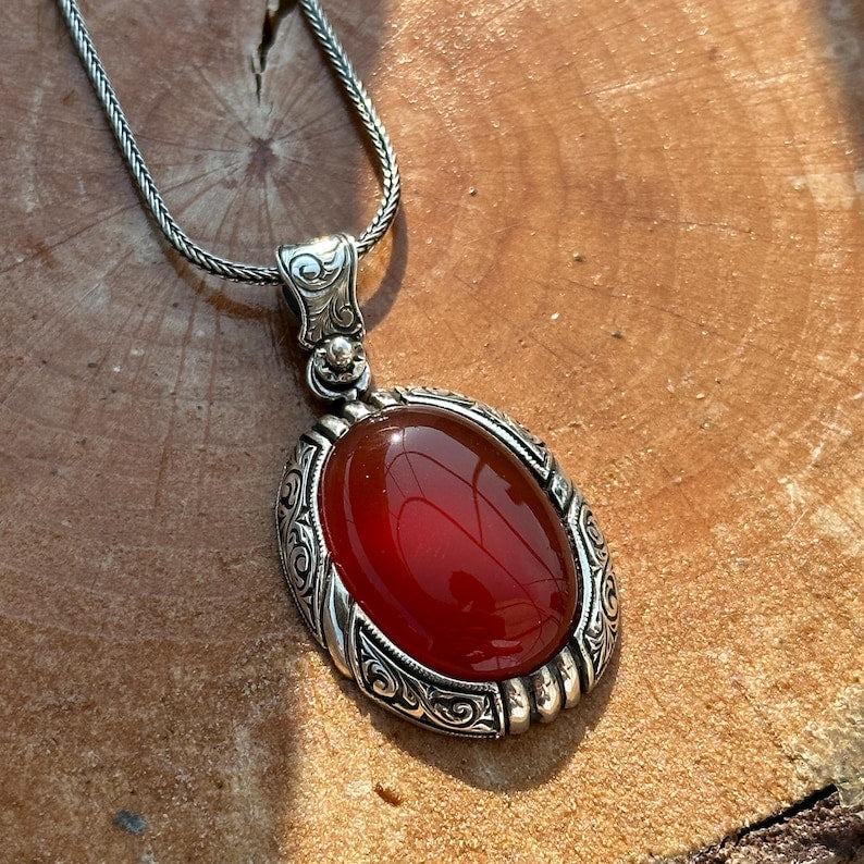 15ct Natural Red Onyx (Yemeni Aqeeq), 925 Sterling Silver Pendant | With Certificate of Authenticity and 925 Hallmark