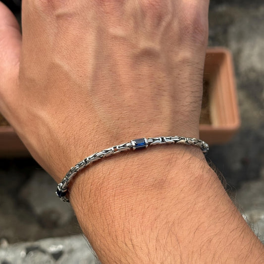 4mm Byzantine Oxidized Bracelet studded with Blue Baguette Zircons | 925 Sterling Silver Bracelet with Hallmark