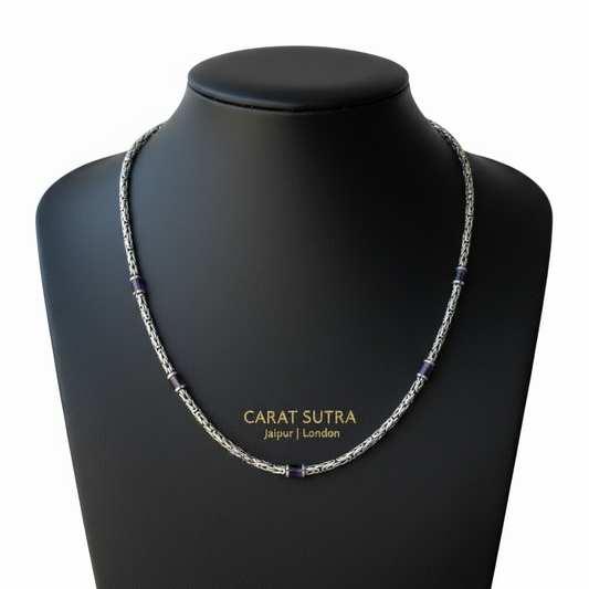 Solid 6mm Byzantine Link Chain, studded with Amethyst Stone baguette cut | Chain - caratsutra