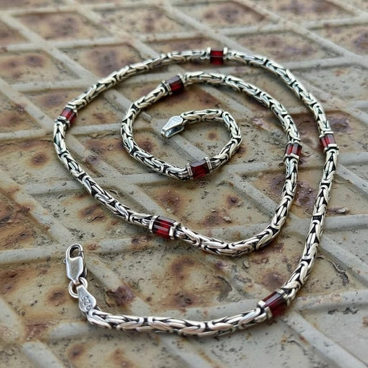 Solid 6mm Byzantine Link Chain, studded with Gomed Stone baguette cut | Chain - caratsutra