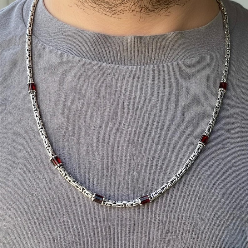 Solid 6mm Byzantine Link Chain, studded with Gomed Stone baguette cut | 925 Sterling Silver Chain | With Certificate of Authenticity and 925 Hallmark