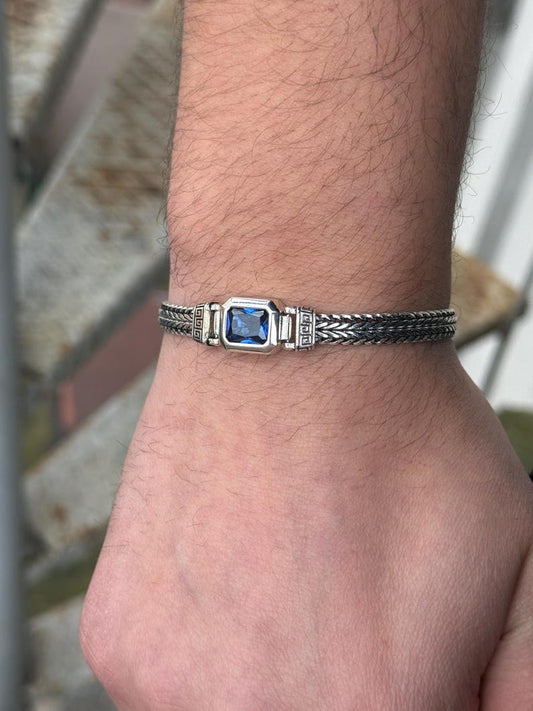 13mm Classic Chain Bracelet with 7Ct Blue Sapphire Stone for Men | 925 Sterling Silver Bracelet | Men's Jewelry