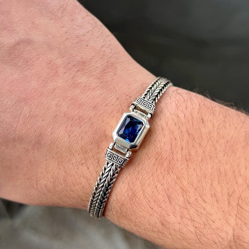 13mm Classic Chain Bracelet with 7Ct Blue Sapphire Stone for Men | 925 Sterling Silver Bracelet | Men's Jewelry