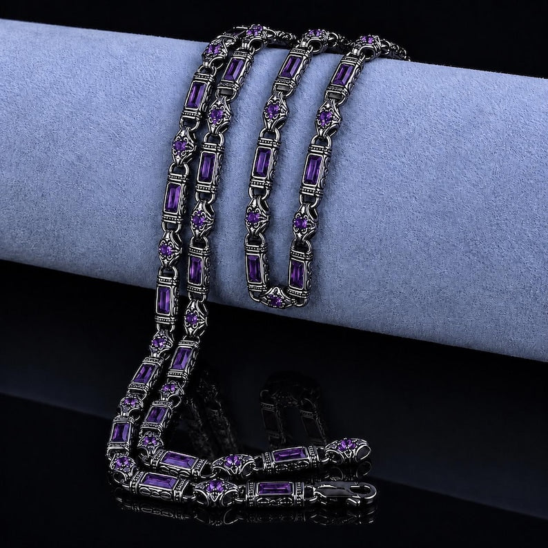 Solid 6mm Infinity Link Chain, studded with Natural Amethyst Stone | 925 Sterling Silver Chain | With Certificate of Authenticity and 925 Hallmark