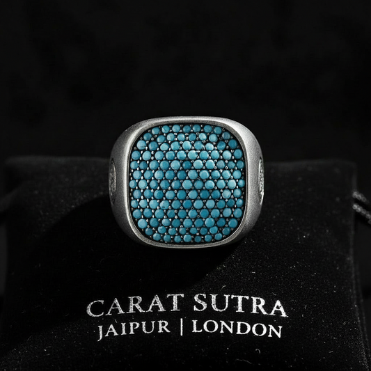 RARE PRINCE by CARAT SUTRA | Unique Designed Turkish Style Ring with Multiple Natural Turquoise Stone Ring | 925 Sterling Silver Oxidized Ring | Men's Jewelry | With Certificate of Authenticity and 925 Hallmark