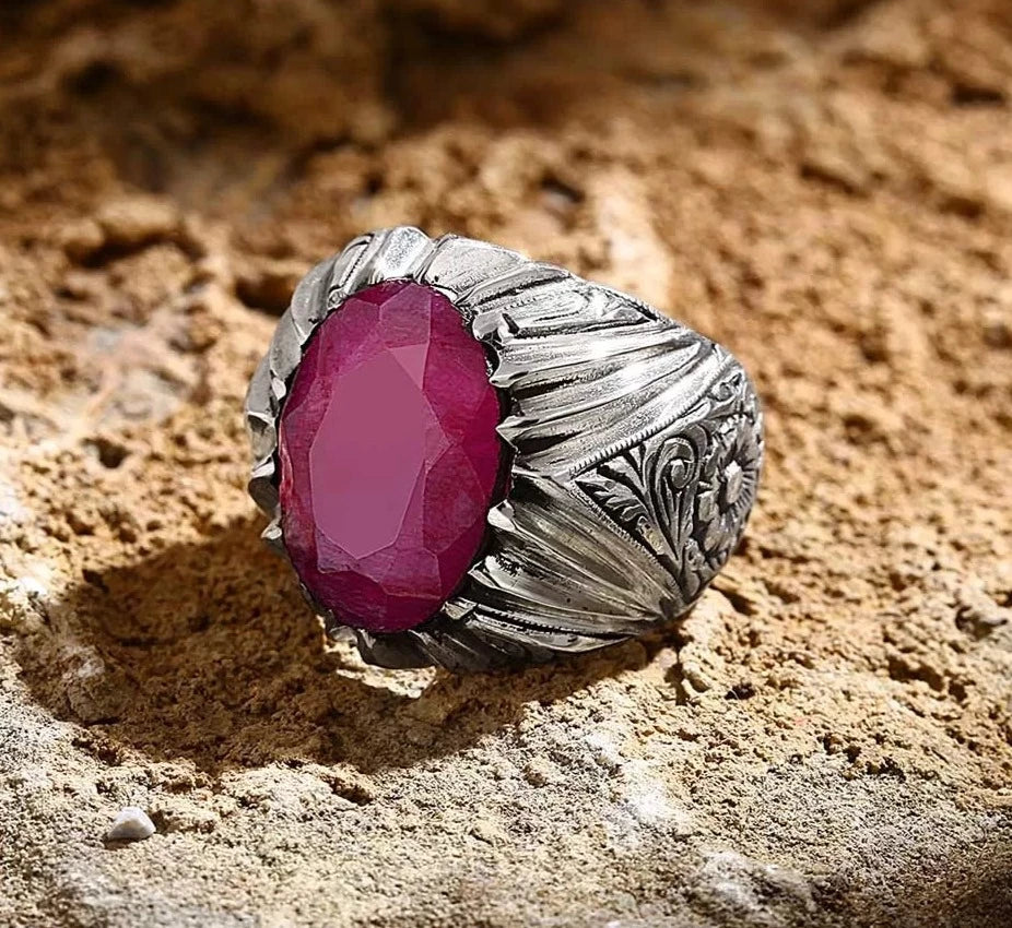 RARE PRINCE by CARAT SUTRA | Unique Designed Ring with Natural Red Ruby | 925 Sterling Silver Oxidized Ring | Men's Jewelry | With Certificate of Authenticity and 925 Hallmark