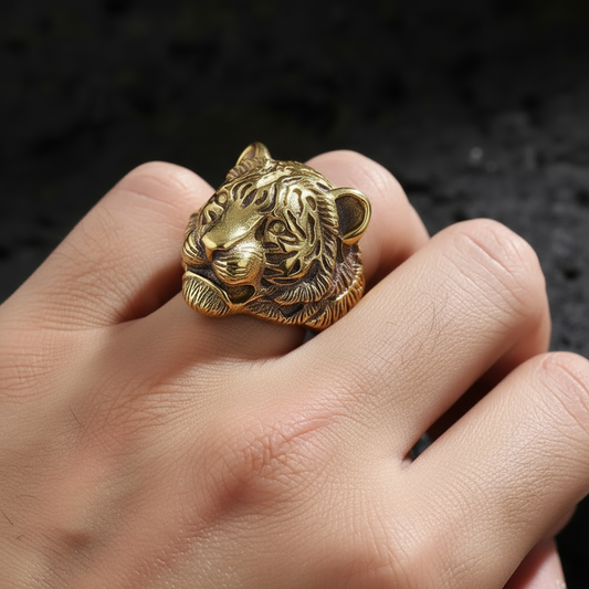 RARE PRINCE by CARAT SUTRA | Unique Designed Tiger Face Ring | 22kt Gold Micron Plated 925 Sterling Silver Oxidized Ring | Men's Jewelry | With Certificate of Authenticity and 925 Hallmark - caratsutra