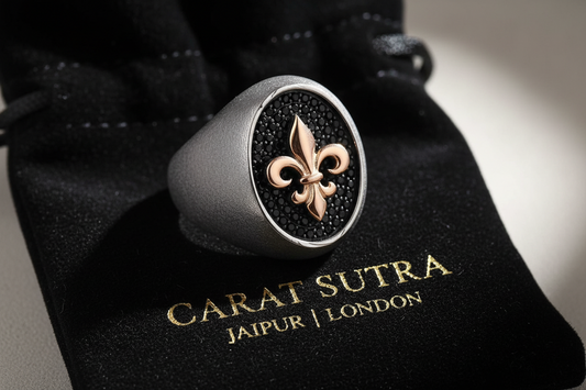 RARE PRINCE by CARAT SUTRA | Exclusive Fleur de Lis Ring Studded with Black Cubic Zirconia, Sterling Silver 925 Ring | Jewellery for Men| With Certificate of Authenticity and 925 Hallmark