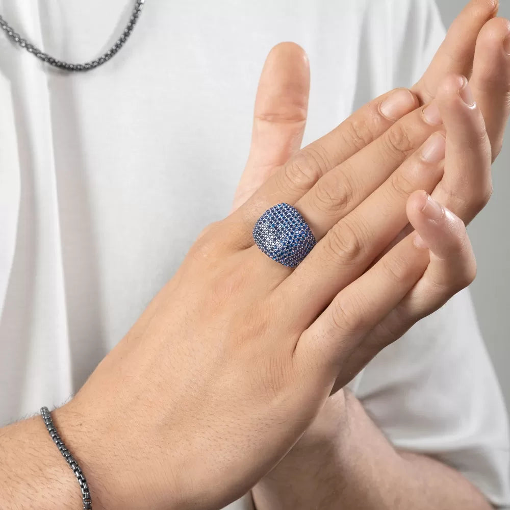 RARE PRINCE by CARAT SUTRA | Unique Handmade Turkish Style Ring Studded with AAA+ Blue Zirconia | 925 Sterling Silver Ring | Men's Jewelry | With Certificate of Authenticity and 925 Hallmark