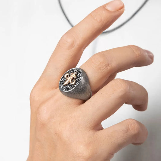 RARE PRINCE by CARAT SUTRA | Exclusive Fleur de Lis Ring Studded with Black Cubic Zirconia, Sterling Silver 925 Ring | Jewellery for Men| With Certificate of Authenticity and 925 Hallmark