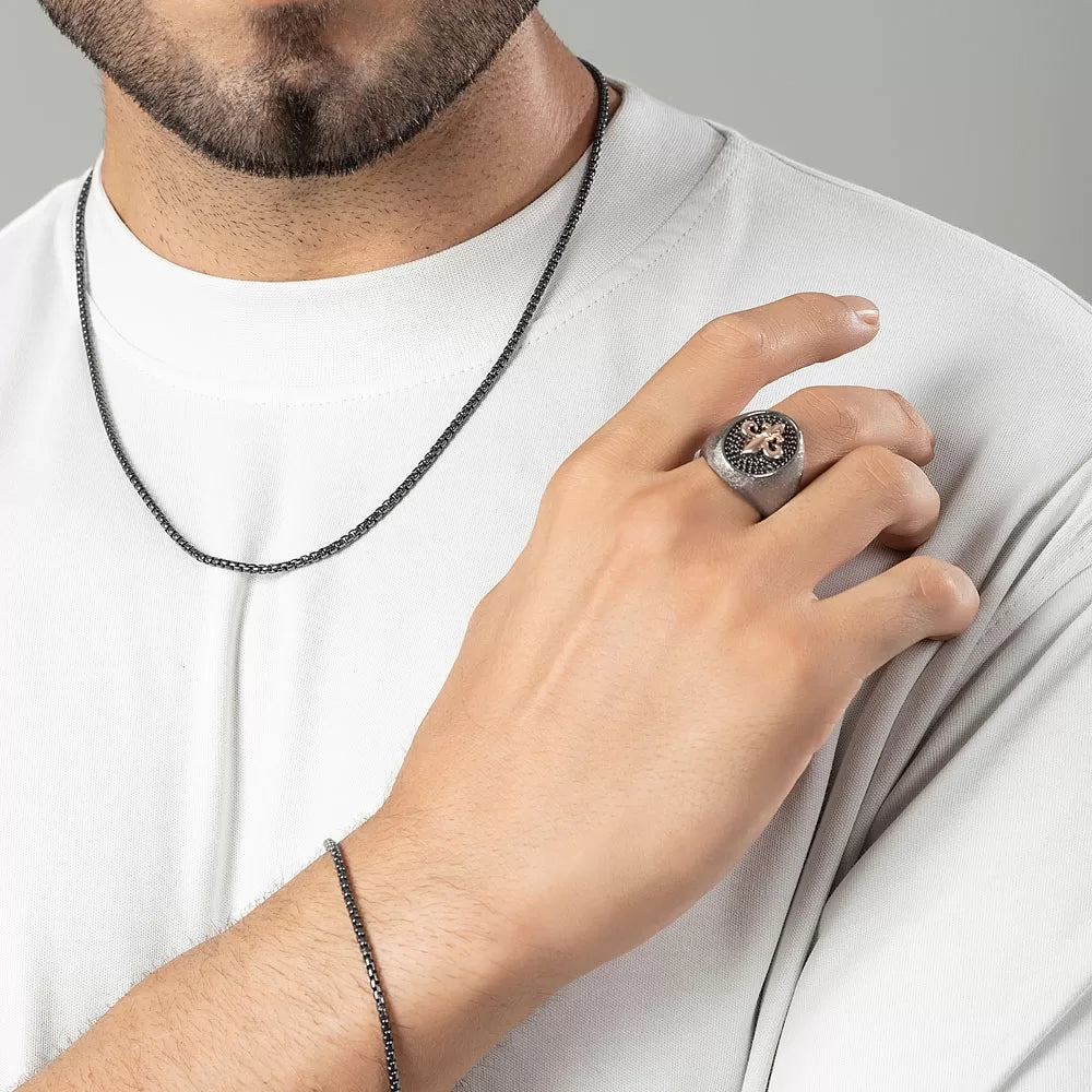 RARE PRINCE by CARAT SUTRA | Exclusive Fleur de Lis Ring Studded with Black Cubic Zirconia, Sterling Silver 925 Ring | Jewellery for Men| With Certificate of Authenticity and 925 Hallmark