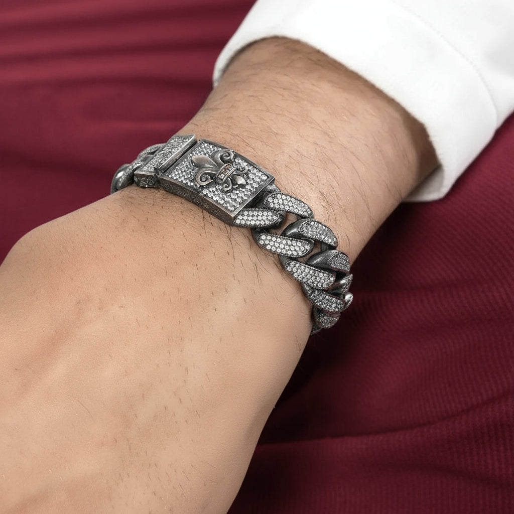 16mm Unique Fleur-De-Lis Iced Cuban Link Bracelet with Black Rhodium | Dark Oxidized 925 Silver Bracelet | With Certificate of Authenticity and 925 Hallmark - caratsutra