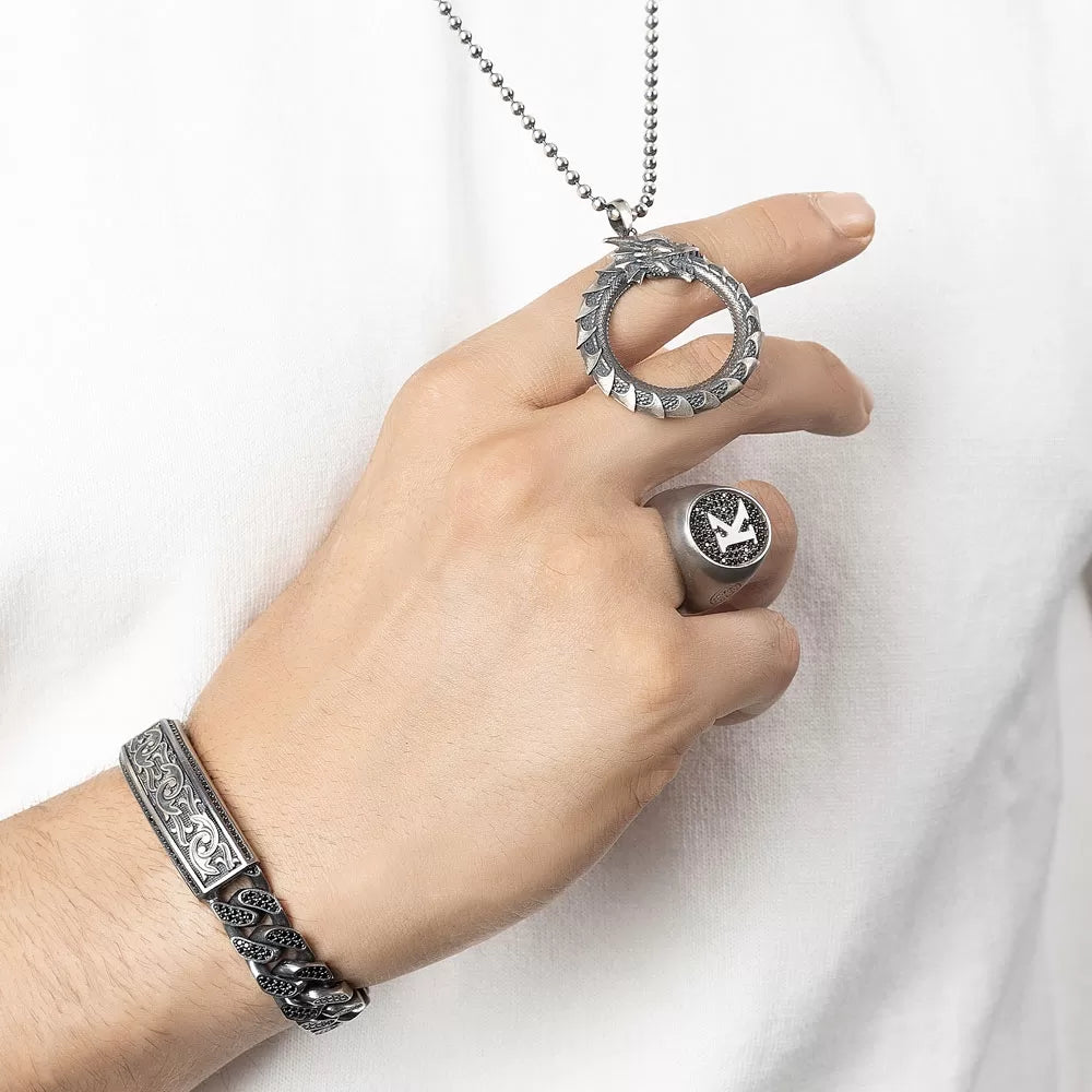 RARE PRINCE by CARAT SUTRA | Exclusive Personalized Name Initials Ring Studded with Black Zircon | Sterling Silver 925 Ring | Jewelry for Men| With Certificate of Authenticity and 925 Hallmark