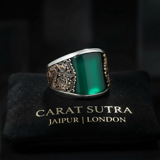 RARE PRINCE by CARAT SUTRA | Unique Designed Turkish Style Curved Ring with Green Onyx | 925 Sterling Silver Gold Plated Ring | Men's Jewelry | With Certificate of Authenticity and 925 Hallmark - caratsutra