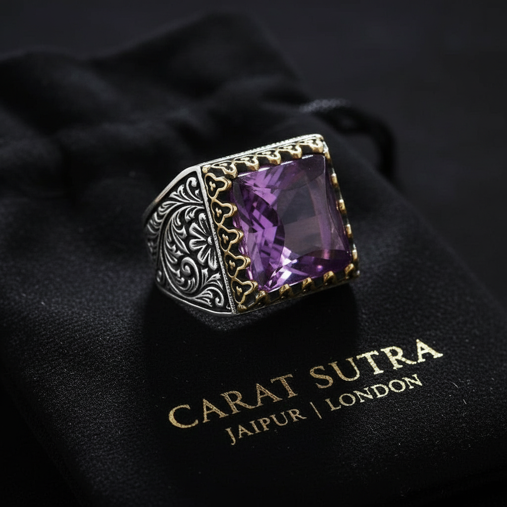 RARE PRINCE by CARAT SUTRA | Unique Designed Turkish Style Premium Ring with Purple Amethyst | 925 Sterling Silver Oxidized Ring | Men's Jewelry | With Certificate of Authenticity and 925 Hallmark - caratsutra