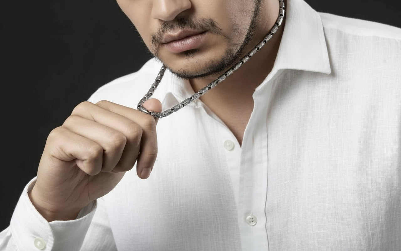 RARE PRINCE by CARAT SUTRA | Unique Vintage Artistry Cylendrical Oxidized Chain | 925 Sterling Silver Chain | Men's Jewelry | With Certificate of Authenticity and 925 Hallmark