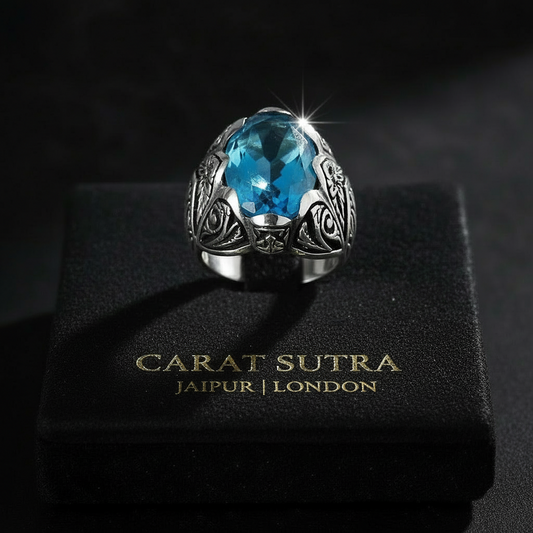 RARE PRINCE by CARAT SUTRA | Exclusively Designed Ring with Blue Topaz | 925 Sterling Silver Oxidized Ring | Men's Jewelry | With Certificate of Authenticity and 925 Hallmark - caratsutra