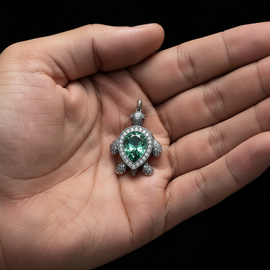 RARE PRINCE by CARAT SUTRA | Unique Designed Turtle Pendant with green onyx stone | 925 Sterling Silver Oxidized Pendant | With Certificate of Authenticity and 925 Hallmark
