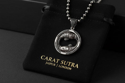 RARE PRINCE by CARAT SUTRA | Unique Pisces Zodiac Designed Pendant Studded with Black Zircons | Unisex 925 Sterling Silver Oxidized Pendant | Men's Jewelry | With Certificate of Authenticity and 925 Hallmark - caratsutra