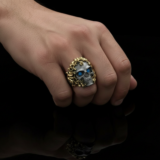 RARE PRINCE by CARAT SUTRA | Unique Designed Burning Head Skull Ring | 925 Sterling Silver Black Rhodium & Gold Plated Ring | Men's Jewelry | With Certificate of Authenticity and 925 Hallmark - caratsutra