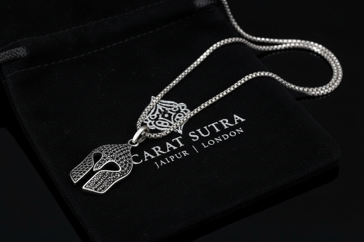 RARE PRINCE by CARAT SUTRA | Unique Designed Roman Helmet Pendant Studded with Black Zircons for Men | 925 Sterling Silver Oxidized Pendant | Men's Jewelry | With Certificate of Authenticity and 925 Hallmark - caratsutra