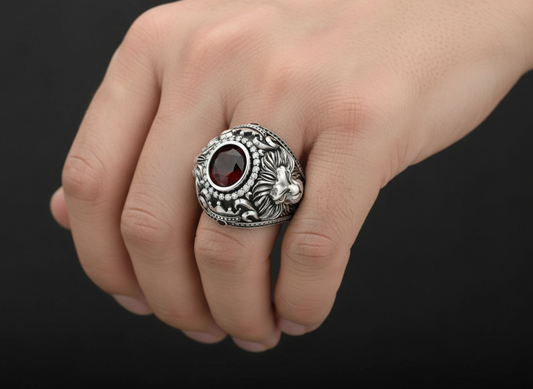 RARE PRINCE by CARAT SUTRA | Unique Designed Double Faced Lion Ring with Red Zircon Stone | 925 Sterling Silver Oxidized Ring | Men's Jewelry | With Certificate of Authenticity and 925 Hallmark