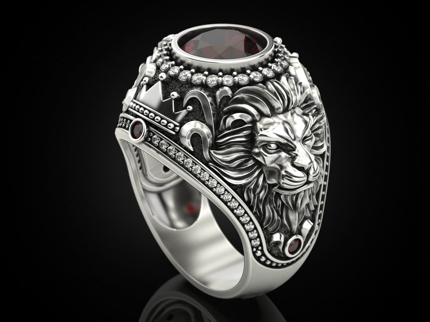 RARE PRINCE by CARAT SUTRA | Unique Designed Double Faced Lion Ring with Red Zircon Stone | 925 Sterling Silver Oxidized Ring | Men's Jewelry | With Certificate of Authenticity and 925 Hallmark