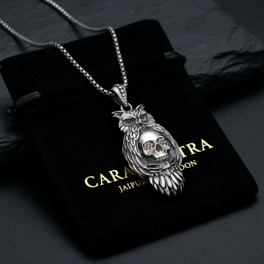 RARE PRINCE by CARAT SUTRA | Unique Designed Owl with Skull Pendant for Men | 925 Sterling Silver Oxidized Pendant | Men's Jewelry | With Certificate of Authenticity and 925 Hallmark - caratsutra