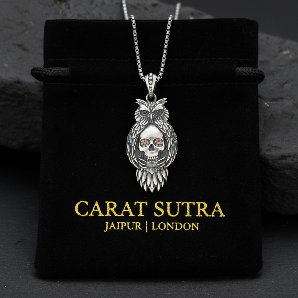 RARE PRINCE by CARAT SUTRA | Unique Designed Owl with Skull Pendant for Men | 925 Sterling Silver Oxidized Pendant | Men's Jewelry | With Certificate of Authenticity and 925 Hallmark