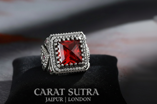 RARE PRINCE by CARAT SUTRA | Unique Handmade Turkish Style Ring Studded with AAA+ Red Zirconia | 925 Sterling Silver Oxidized Ring | Men's Jewelry | With Certificate of Authenticity and 925 Hallmark - caratsutra