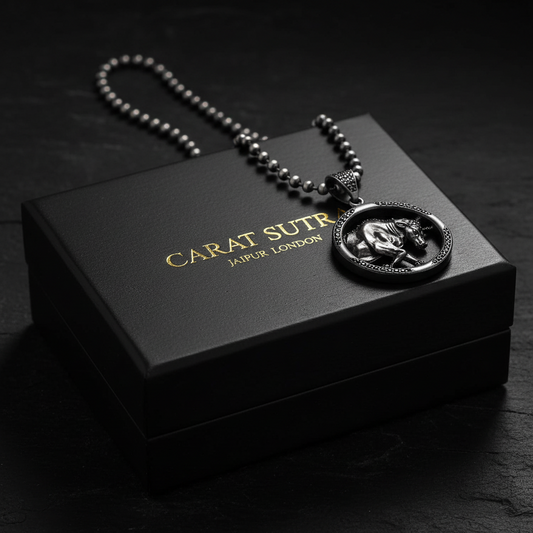 RARE PRINCE by CARAT SUTRA | Unique Taurus Zodiac Designed Pendant Studded with Black Zircons | Unisex 925 Sterling Silver Oxidized Pendant | Men's Jewelry | With Certificate of Authenticity and 925 Hallmark - caratsutra