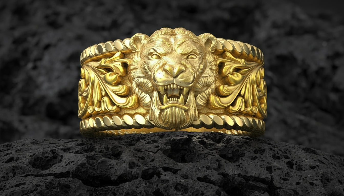 RARE PRINCE by CARAT SUTRA | Unique Designed Solid 3D Tiger Face Band Ring | 925 Sterling Silver Oxidized Ring | Men's Jewelry | With Certificate of Authenticity and 925 Hallmark