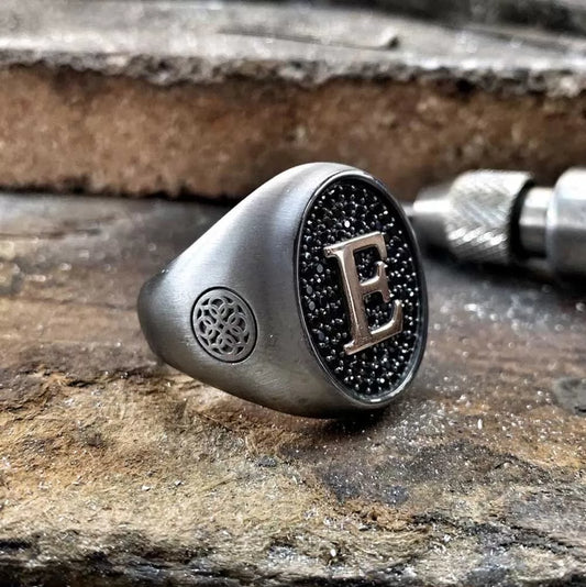 RARE PRINCE by CARAT SUTRA | Exclusive Personalized Name Initials Ring Studded with Black Zircon | Sterling Silver 925 Ring | Jewelry for Men| With Certificate of Authenticity and 925 Hallmark