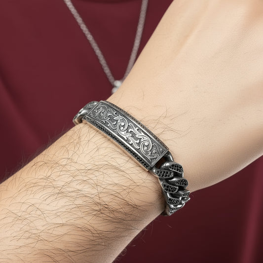 RARE PRINCE by CARAT SUTRA | 16mm Unique Dark Oxidised, Hand Engraved Cuban Link Bracelet studded with black zircon | 925 Silver Bracelet | With Certificate of Authenticity and 925 Hallmark
