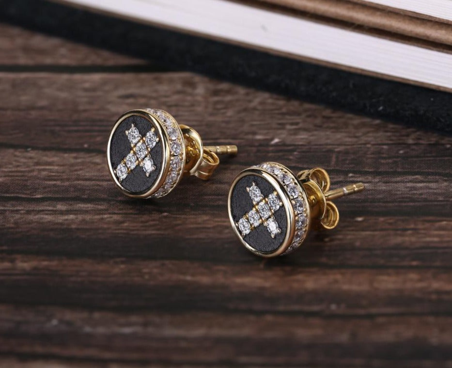 RARE PRINCE by CARAT SUTRA Round Diamond Cross Stud Earrings for Men Rhodium Plated 925 Sterling Silver Jewellery for Men| With Certificate of