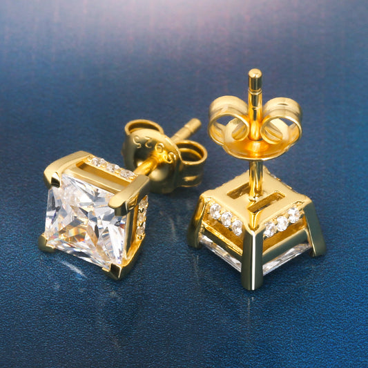RARE PRINCE by CARAT SUTRA | Princess Cut Diamond Stud Earrings for Men | AAA+ Quality Swarovski Diamond & White Rhodium & 22kt Gold Plated 925 Sterling Silver Earrings | Jewellery for Men| With Certificate of Authenticity and 925 Hallmark