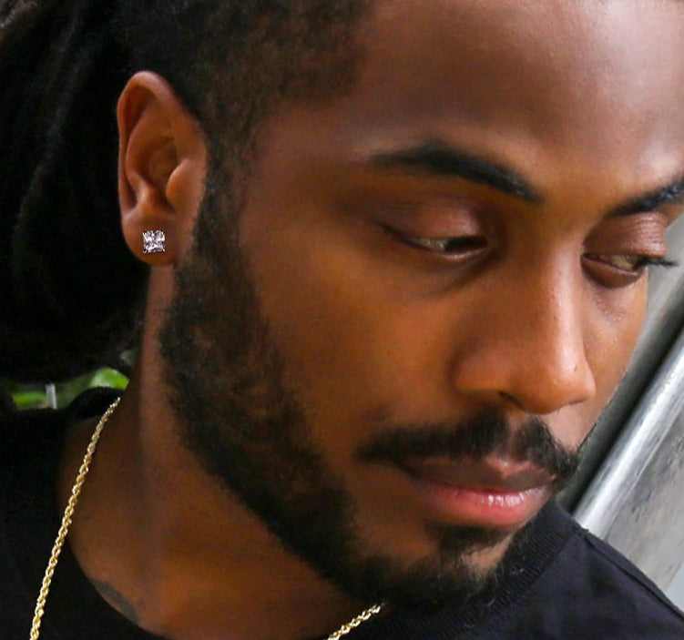 RARE PRINCE by CARAT SUTRA | Princess Cut Diamond Stud Earrings for Men | AAA+ Quality Swarovski Diamond & White Rhodium & 22kt Gold Plated 925 Sterling Silver Earrings | Jewellery for Men| With Certificate of Authenticity and 925 Hallmark