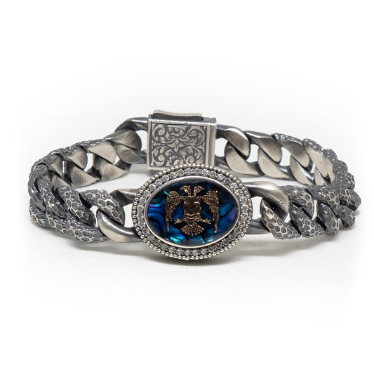 RARE PRINCE by CARAT SUTRA | Unique Style Double Headed Eagle Bracelet with Blue Enamel for Men | 925 Sterling Silver Oxidized Bracelet | Men's Jewelry | With Certificate of Authenticity and 925 Hallmark - caratsutra
