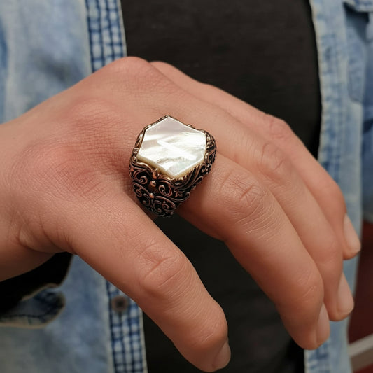 RARE PRINCE by CARAT SUTRA | Unique Turkish Style Ring with Natural Pearl | 925 Sterling Silver Oxidized Ring | Men's Jewelry | With Certificate of Authenticity and 925 Hallmark - caratsutra