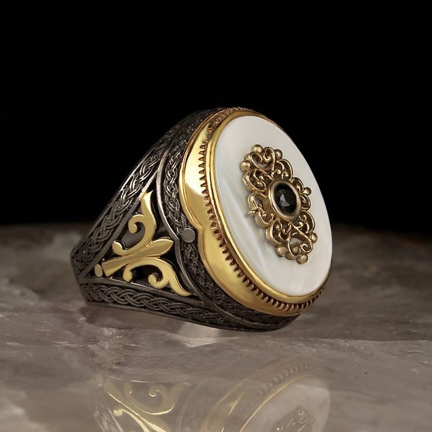 RARE PRINCE by CARAT SUTRA Unique Turkish Style Ring with Natural Pearl Black Rhodium Gold Plated 925 Sterling Silver Ring Men's Jewelry