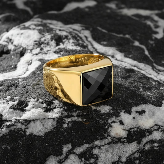 RARE PRINCE by CARAT SUTRA | Exclusive Classic Gold Signet Statement Ring with Faceted Black Zircon/ Red Zircon, Sterling Silver 925 Ring | Jewellery for Men| With Certificate of Authenticity and 925 Hallmark - caratsutra