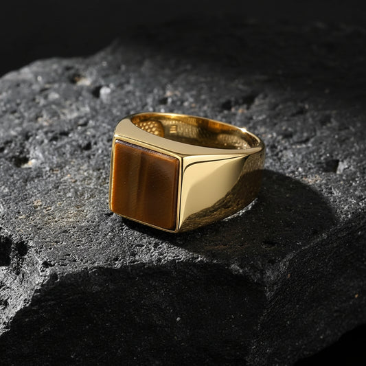 RARE PRINCE by CARAT SUTRA | Exclusive Classic Gold Signet Statement Ring with Natural Pearl/ Tiger Eye, Sterling Silver 925 Ring | Jewellery for Men| With Certificate of Authenticity and 925 Hallmark - caratsutra